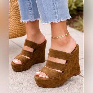 Baldan Tan Brown Suede Platform Wedge Sandals Slide On Mule Designer